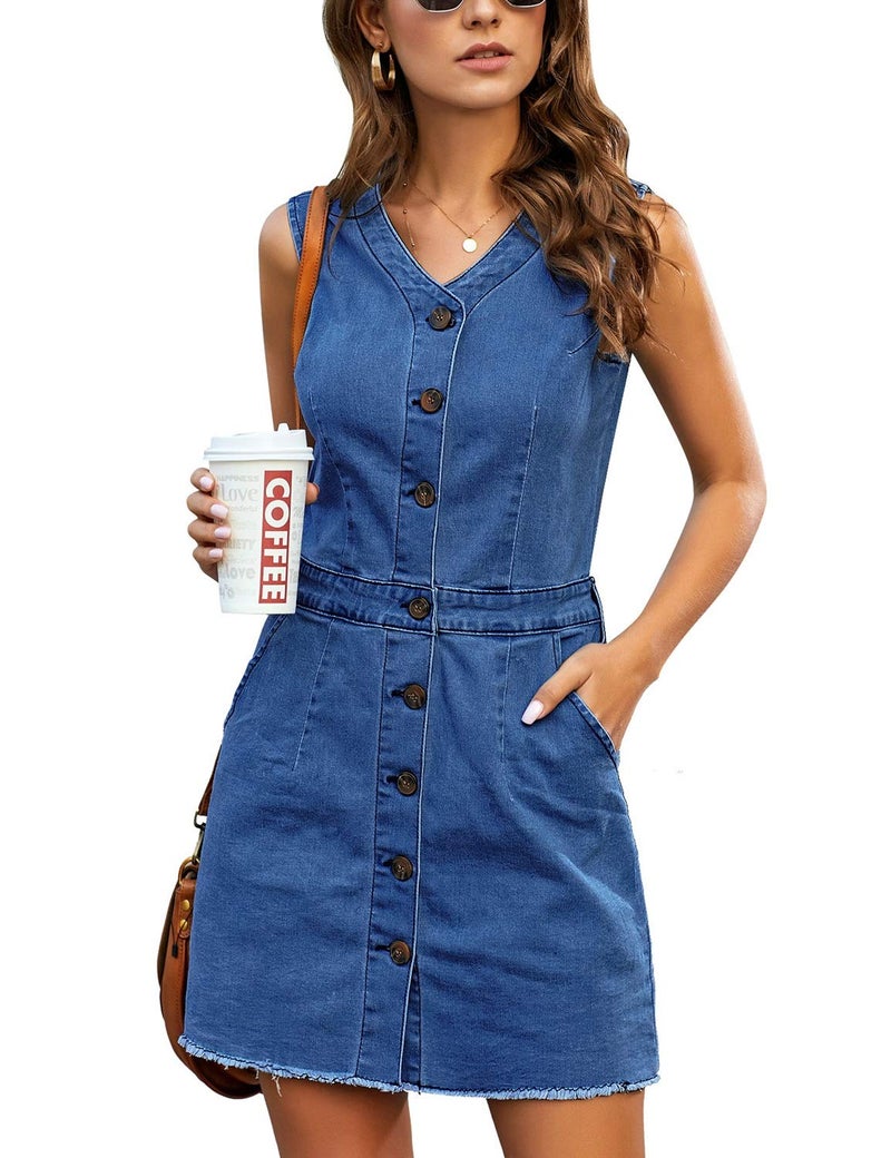 LookbookStore Short Denim Dress for Women Summer Dark Blue Sleeveless V-Neck Casual Dress with Pockets Frayed Raw Hem Size S - Image 1